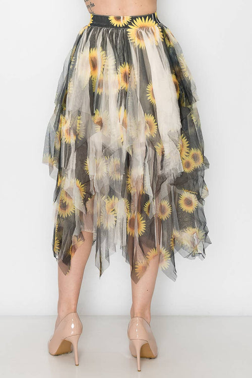 Origami Apparel ~  Lace and Crochet inspired - Dreamy Tiered Tulle Midi Skirt With Floaty Hem - 4546 BG/BK SUN FL