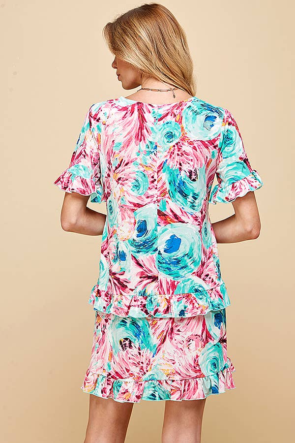 Shopin LA - SD21025-1011 - WOMEN FLORAL SHORT SLV MIDI DRESS WITH RUFFLE