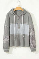 Gray Waffle Patchwork Drawstring Hooded Long Sleeve Top