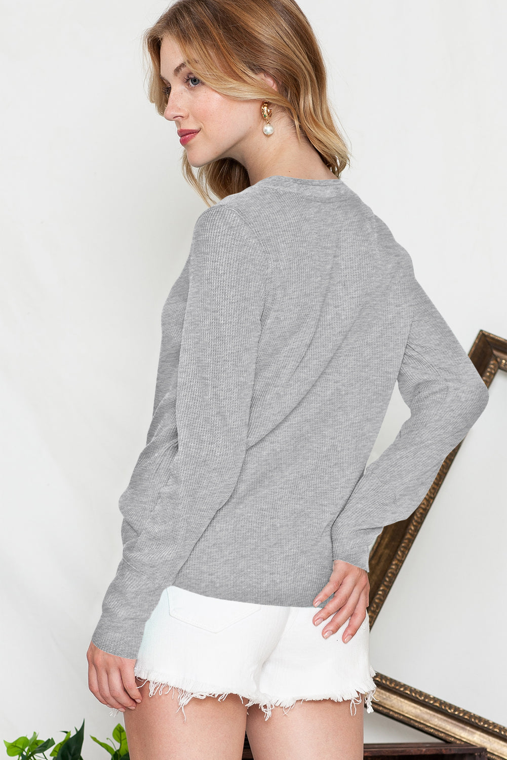 Brown Solid Color Waffle Knit Long Sleeve Henley Shirt