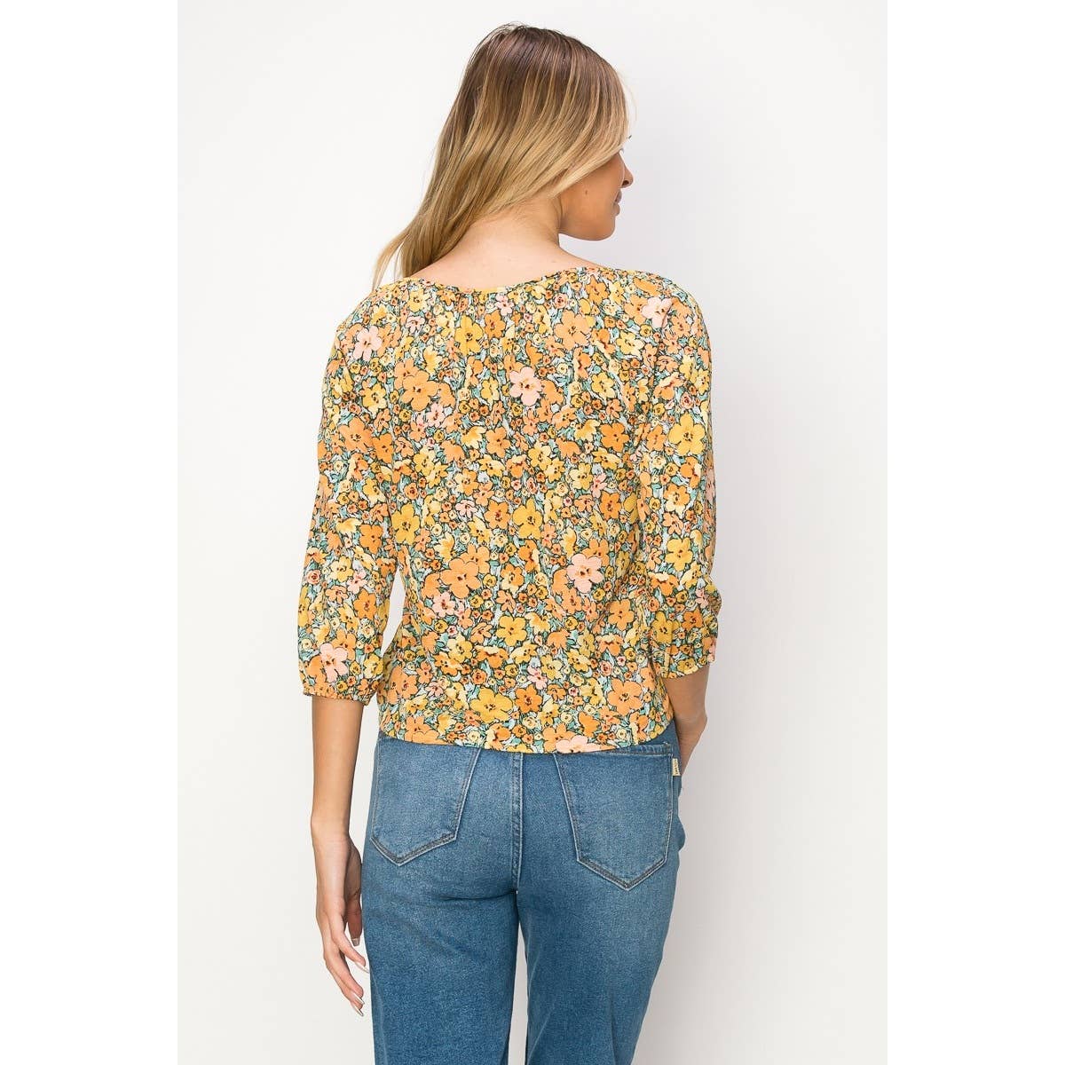 Perseption - Printed Balloon Sleeve Tie Front Blouse
