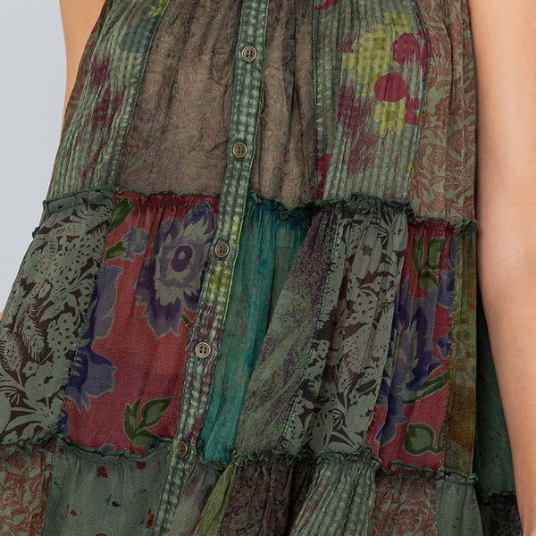 YOUNG THREADS - Sleeveless Patchwork Jhabla Top: Overdyed Georgette Prints