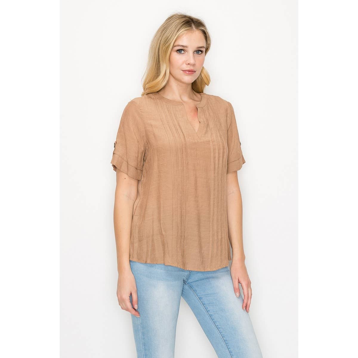 Perseption - Pintuck Front Roll Tab Short Sleeve Mandarin Shirt