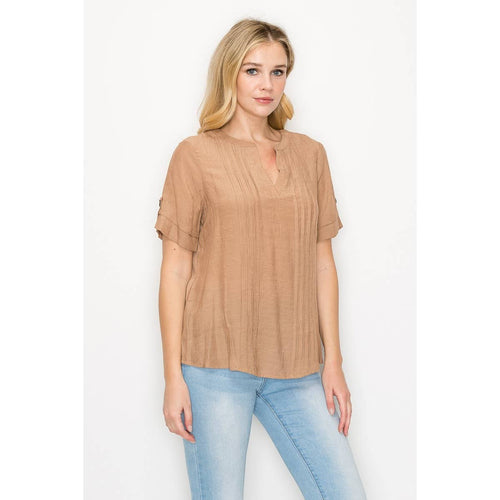 Perseption - Pintuck Front Roll Tab Short Sleeve Mandarin Shirt
