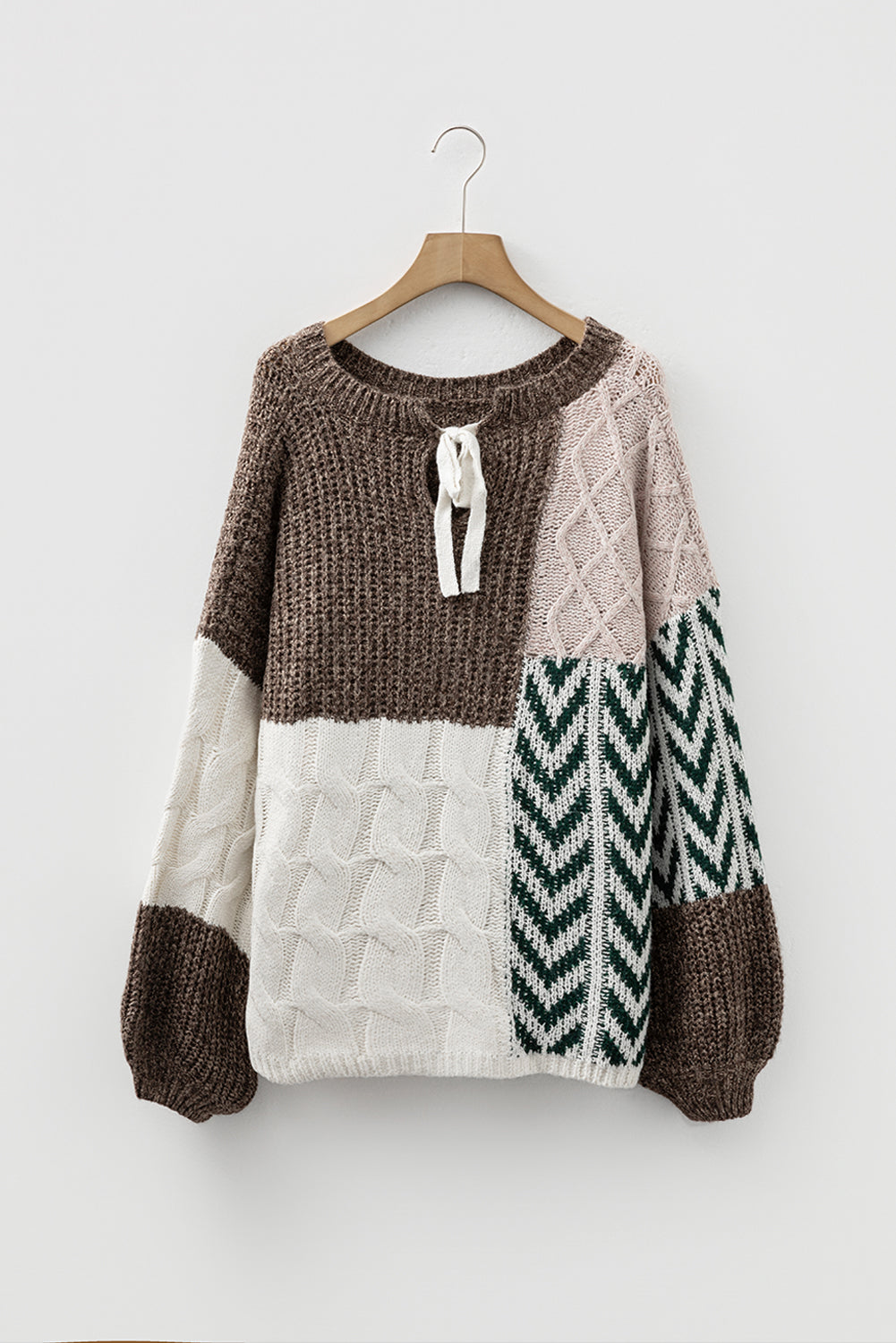 Brown Colorblock Patchwork Knotted Back Loose Fit Sweater