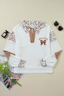 White game day Bow Embroidered Leopard Patchwork Collared Top