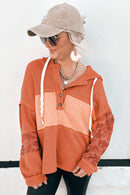 Gray Waffle Patchwork Drawstring Hooded Long Sleeve Top