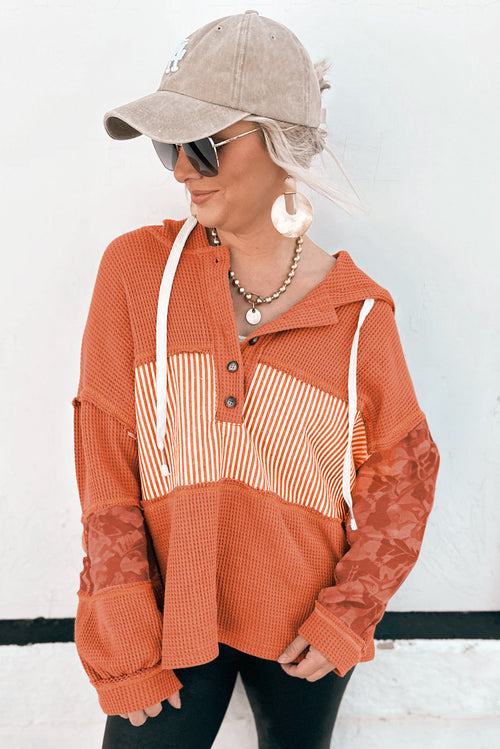 Gray Waffle Patchwork Drawstring Hooded Long Sleeve Top