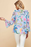 Shopin LA - .ST4069 - WOMEN MESH FLORAL TIE FRONT BELL SLEEVE TOP