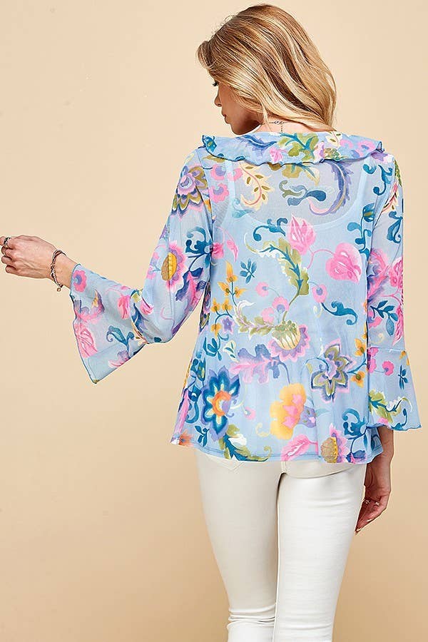 Shopin LA - .ST4069 - WOMEN MESH FLORAL TIE FRONT BELL SLEEVE TOP