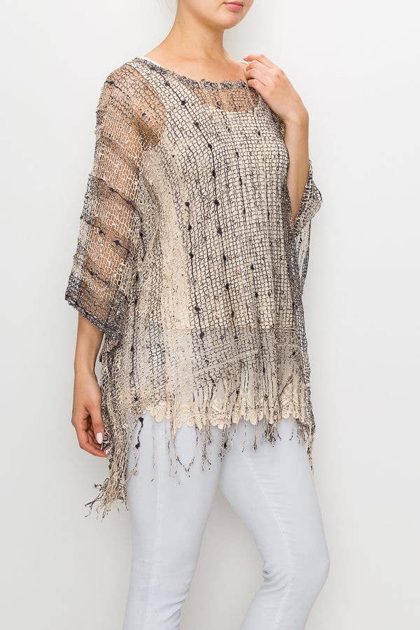 Origami Apparel ~  Lace and Crochet inspired - MESH WITH SEQUIN PONCHO TOP-Y62BG/2BROWN