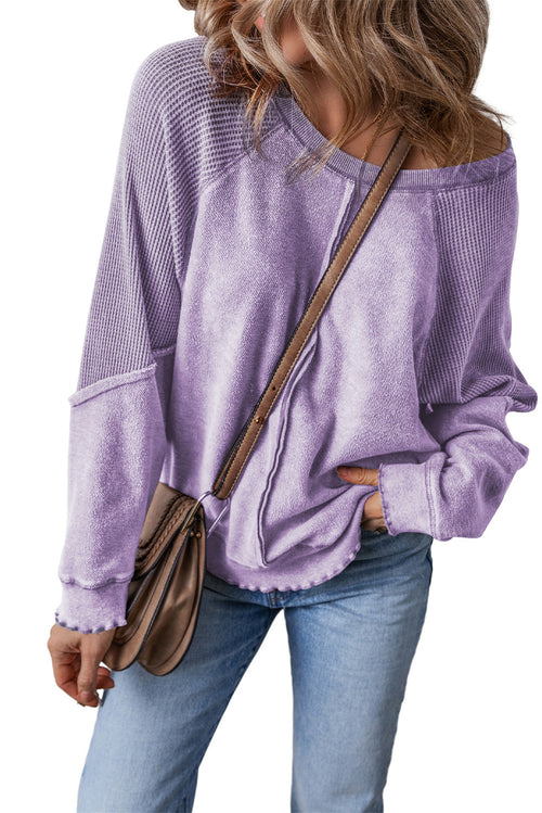 Orchid Petal Waffle Patchwork Raglan Sleeve Exposed Seam Sweatshirt