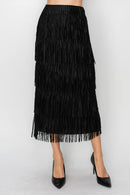 Origami Apparel ~  Multi Layered Fringed Black Midi Skirt - OLS-4794BK