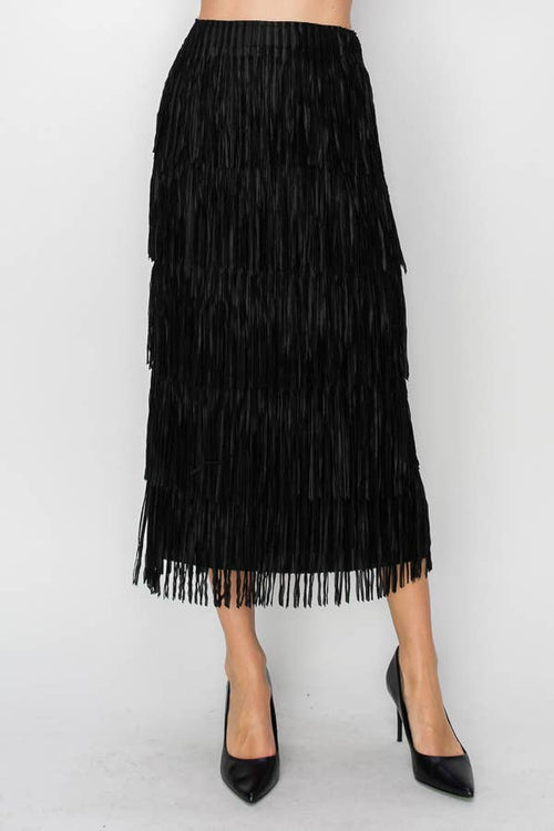 Origami Apparel ~  Multi Layered Fringed Black Midi Skirt - OLS-4794BK
