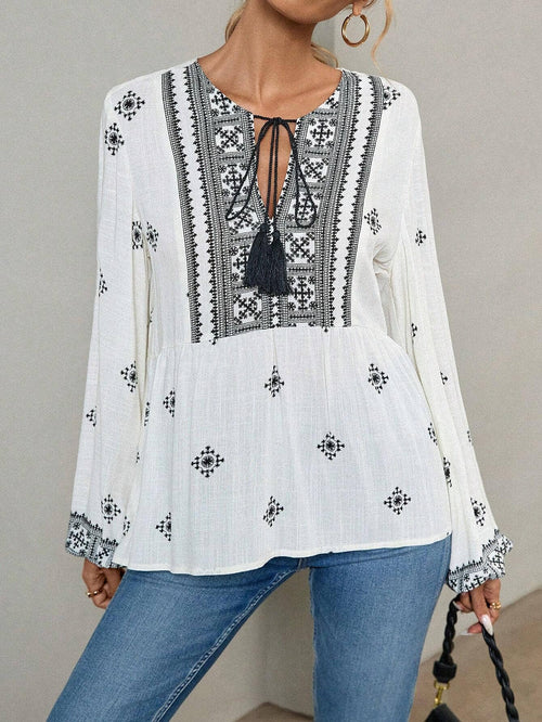 Hope & Sunshine - Boho Lantern Sleeve Tie-Neck Blouse