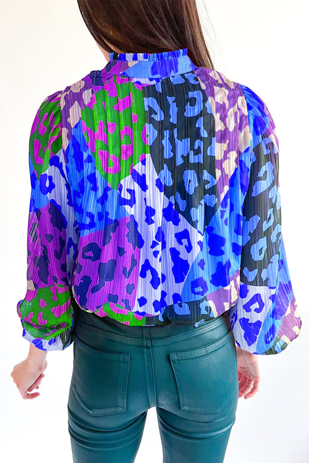 Orange Leopard Print Puff Sleeve Crinkle Blouse