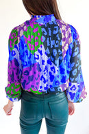 Orange Leopard Print Puff Sleeve Crinkle Blouse