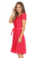 MOA COLLECTION - Women's Lace Short Sleeve A-Line Midi Dress