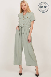 Shopin LA - CSP9220P - PLUS BUTTON UP FRONT POCKET COLLARED JUMPSUIT