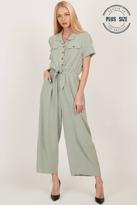 Shopin LA - CSP9220P - PLUS BUTTON UP FRONT POCKET COLLARED JUMPSUIT