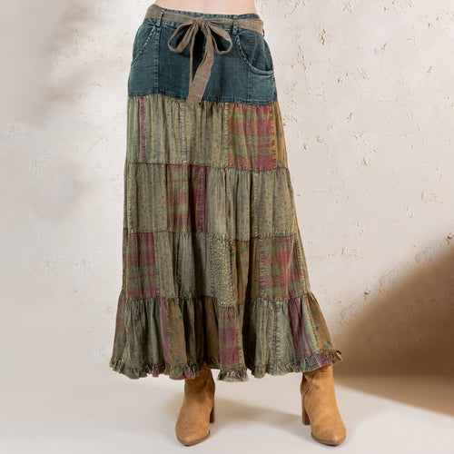 Young Threads - Western Boho Chic: Patchwork Belted Skirt  (New Color)
