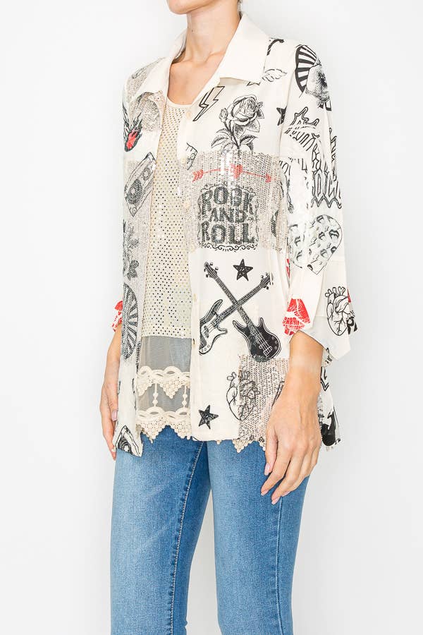Origami Apparel ~  Lace and Crochet inspired - Lightweight Sequin and Lace Detailed Button-Up Blouse - 4718BG RNR