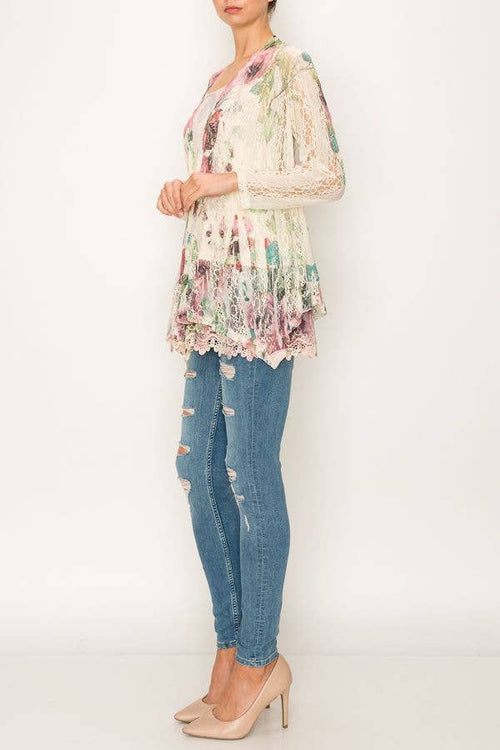 Origami Apparel ~  Lace and Crochet inspired - Feminine Stretchy Snug Long Sleeve Lace Cardigan - 493BIG ROSE