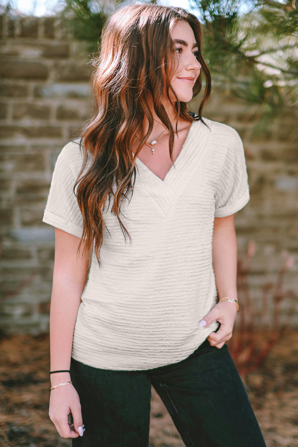 Pale Khaki Solid Color V-Neck Textured Blouse