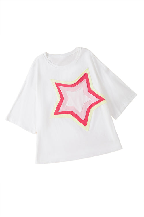 Moonlight Jade Colorblock Star Patched Half Sleeve Oversized Tee