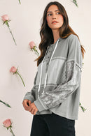 Gray Waffle Patchwork Drawstring Hooded Long Sleeve Top