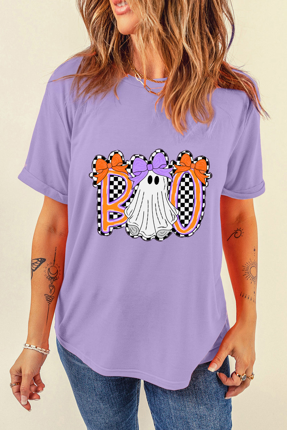 Wisteria Boo Checkered Ghost Heat Transfer Printing Crewneck Graphic Tee