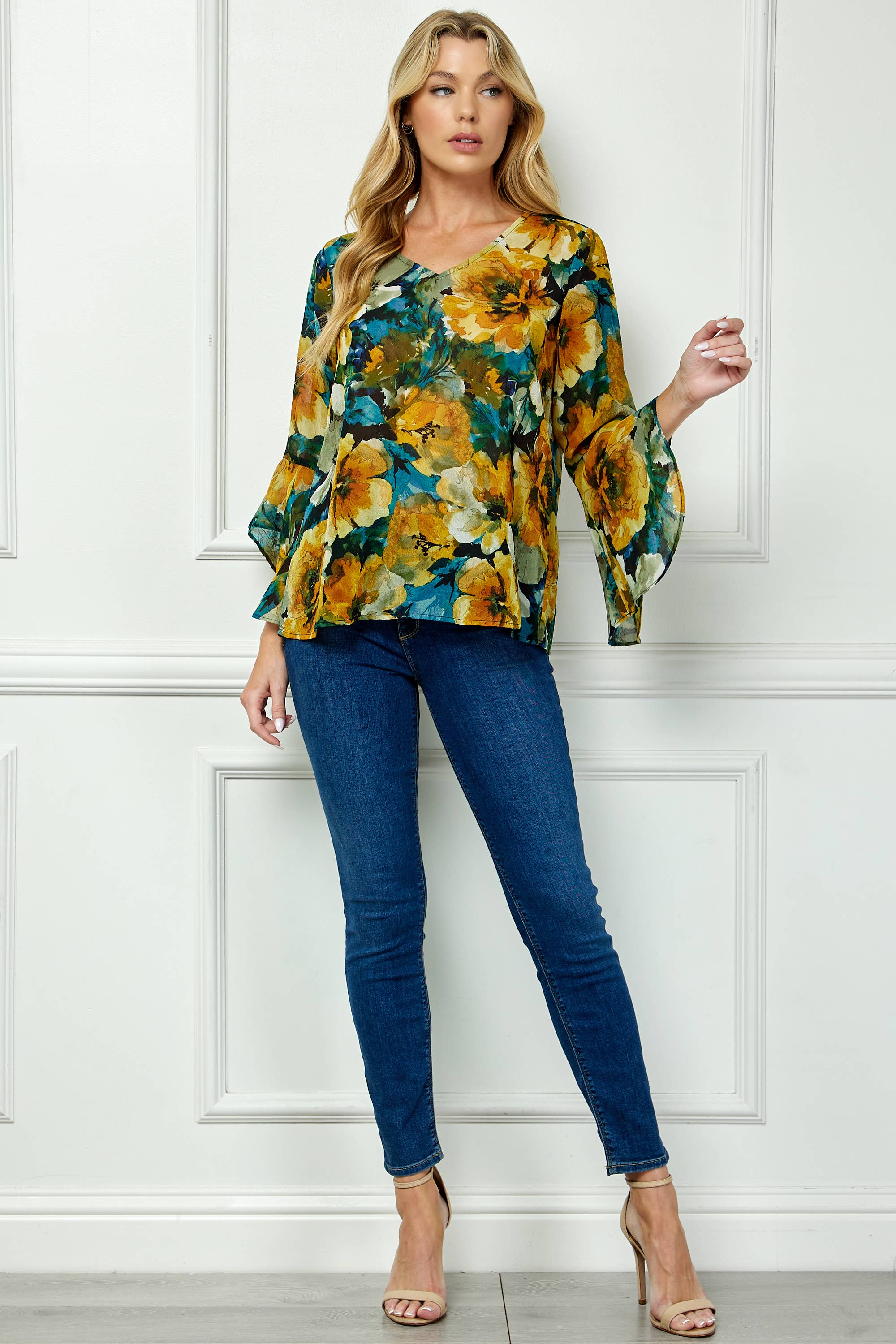 Winslow Collection - RUFFLE SLEEVE V-NECK SWING BLOUSE