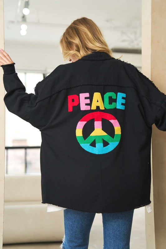 MULTI COLOR LETTERING PEACE SYMBOL BUTTON UP JACKET