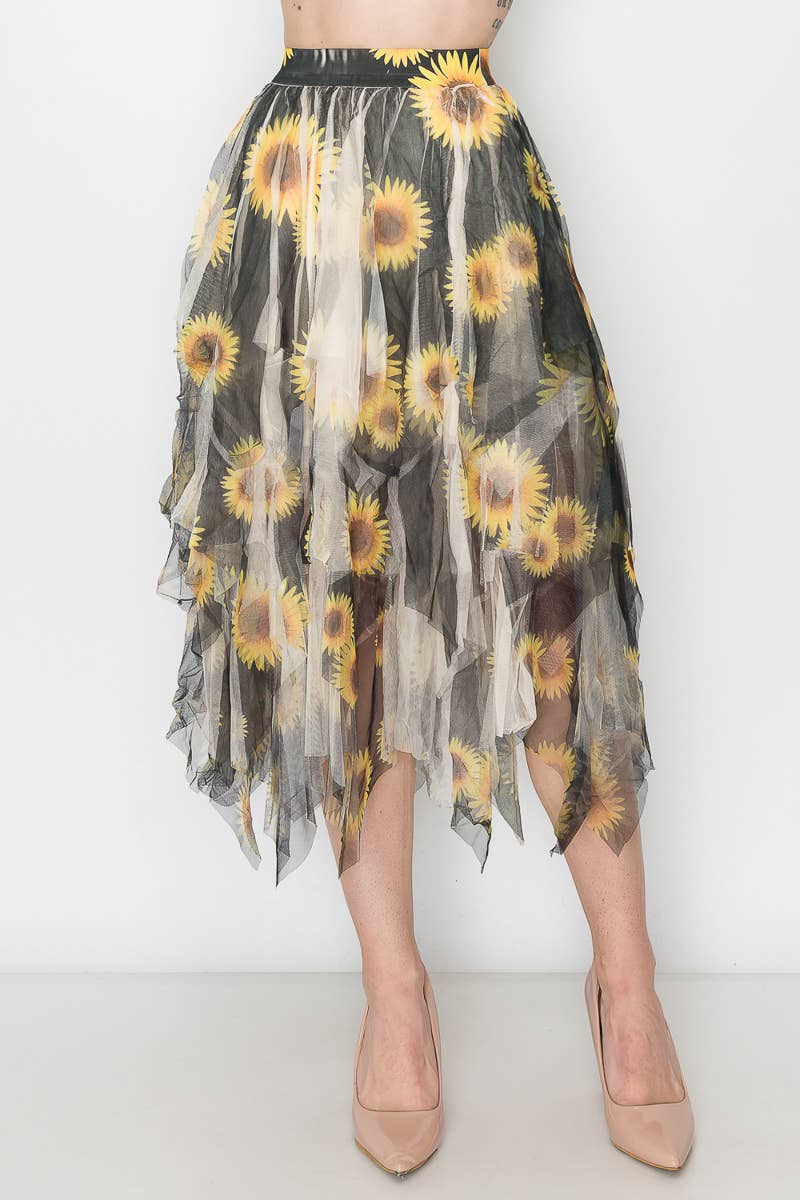 Origami Apparel ~  Lace and Crochet inspired - Dreamy Tiered Tulle Midi Skirt With Floaty Hem - 4546 BG/BK SUN FL