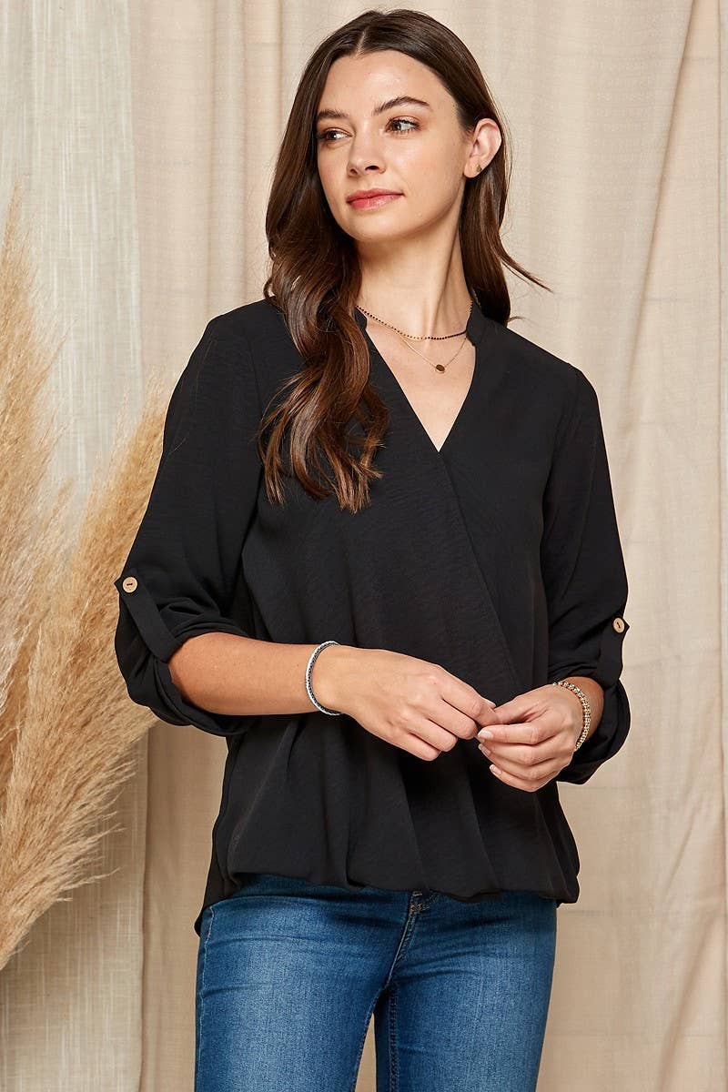 Shopin LA - SP4732T-24926- WOMEN SOLID WRAP CROSSOVER BLOUSE