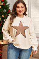 Beige Star Pattern Studded Crew Neck Plus Size Top