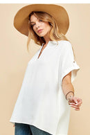 Shopin LA - SPT5211. WOMEN SHORT BUTTON SLEEVE FRONT SLIT LOOSE FIT TOP