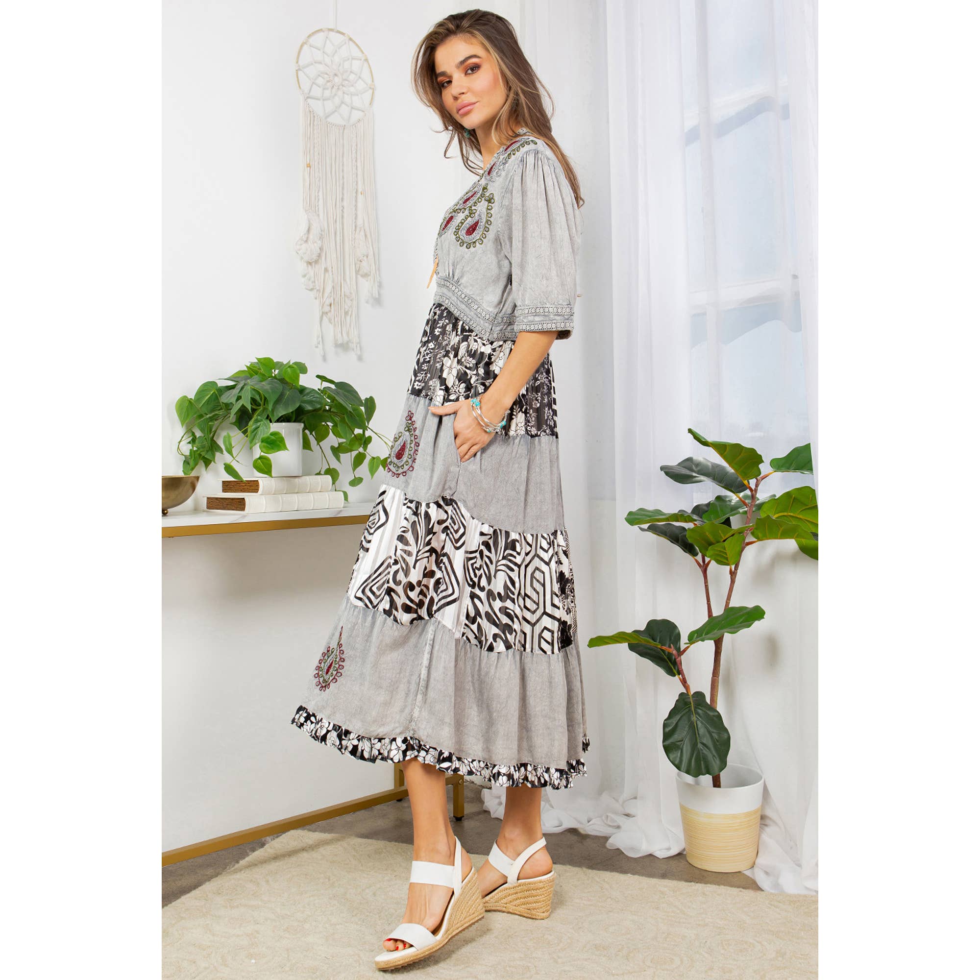YOUNG THREADS - Elegance With Multicolor Aari Embroidered V- neck Line Dress