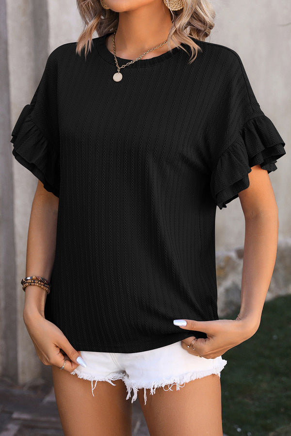 Orchid Solid Color Textured Layered Ruffle Sleeve T Shirt