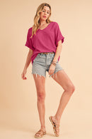 Bright Pink Textured Rolled Short Sleeve V Neck Blouse