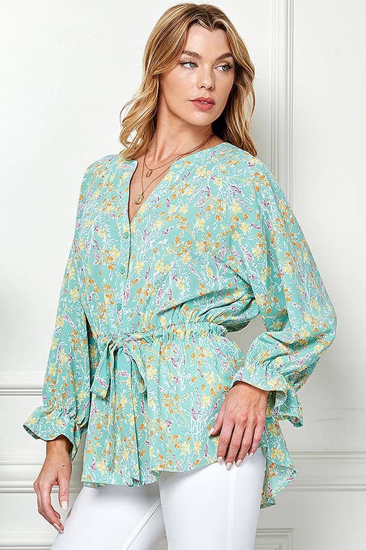 Shopin LA - CSP9143. - WOMEN MULTI COLOR RUFFLE DRAWSTRING BUTTON TOP