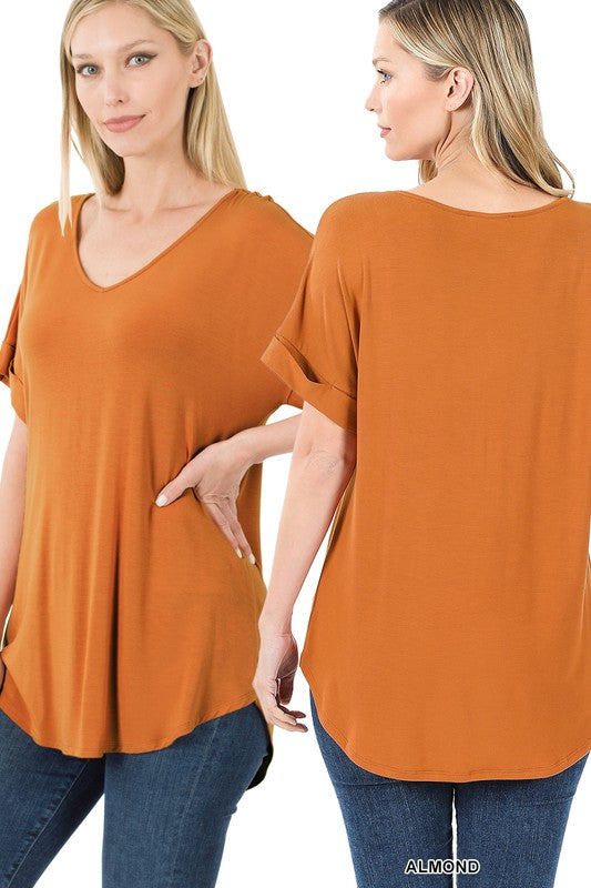 Zenana V-Neck Long Sleeve T Shirt Hi-Low Hem Luxe Rayon Relaxed Fit Top S  to XL 