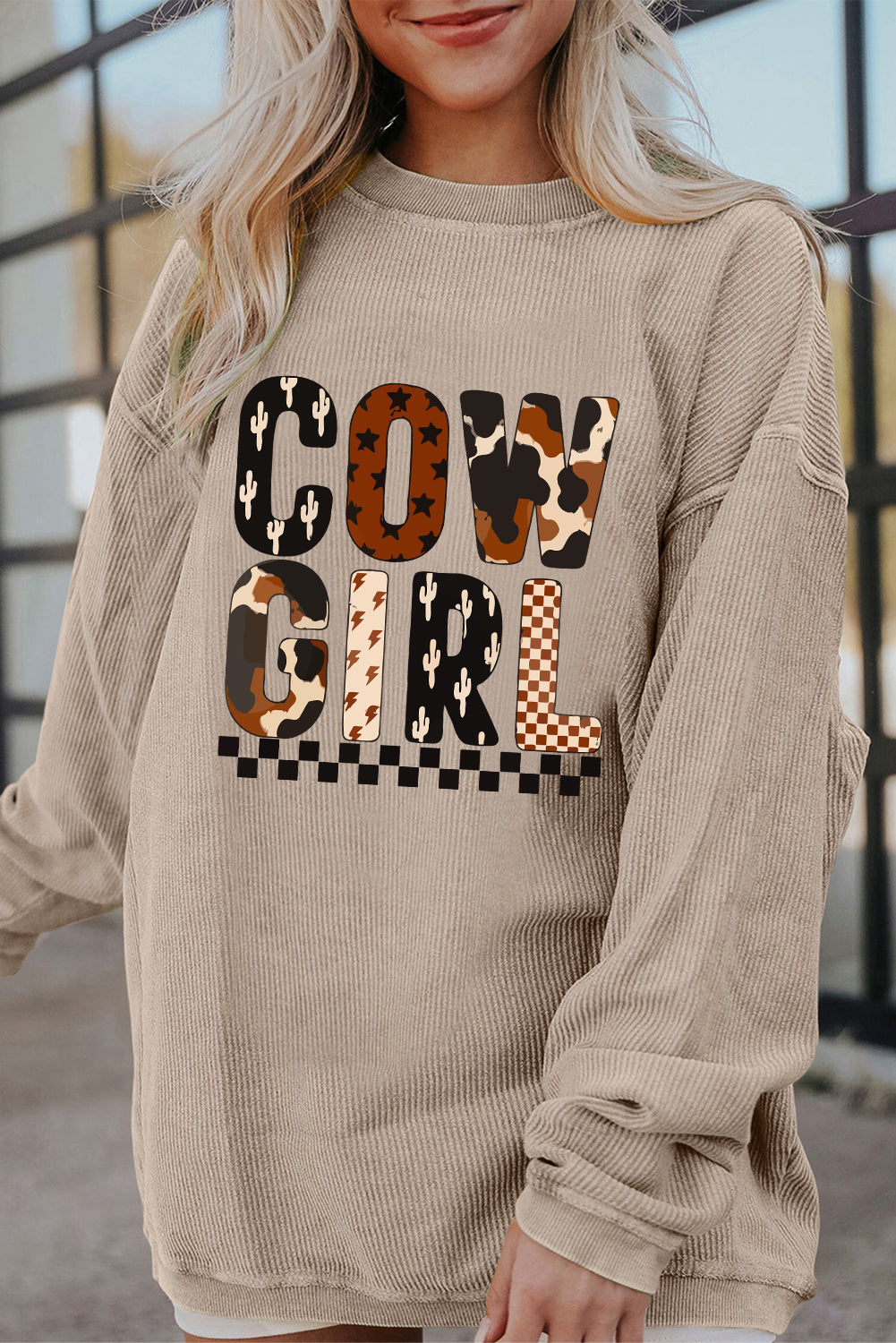 Smoke Gray Letter Heat Transfer Printing Corduroy Baggy Sweatshirt