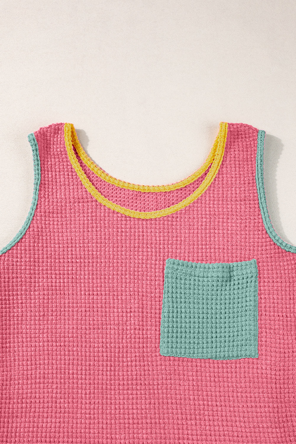 Rose Red Color Block Patched Pocket Waffle Knit Tank Top