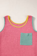 Rose Red Color Block Patched Pocket Waffle Knit Tank Top