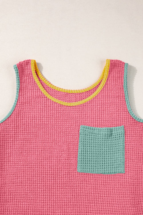 Rose Red Color Block Patched Pocket Waffle Knit Tank Top