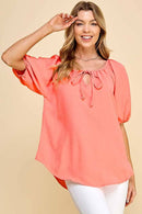 Shopin LA - ST4082D - WOMEN SOLID PUFF SHORT SLV WOVEN TOP W TIE DETAIL