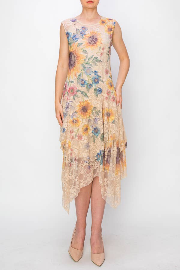 Origami Apparel ~  Lace and Crochet inspired - OLS-4609 TAUPE SUNFLOWER DRESS