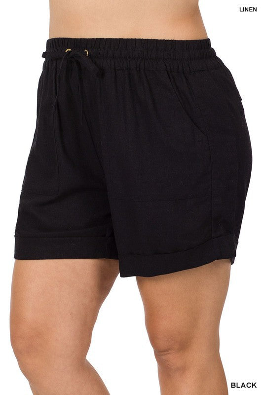 PLUS LINEN DRAWSTRING-WAIST SHORTS WITH POCKETS