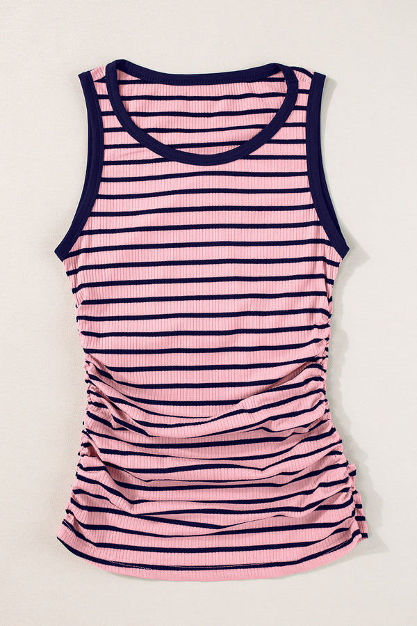 Pink Stripe Contrast Trim Sleeveless Ribbed Slim Top